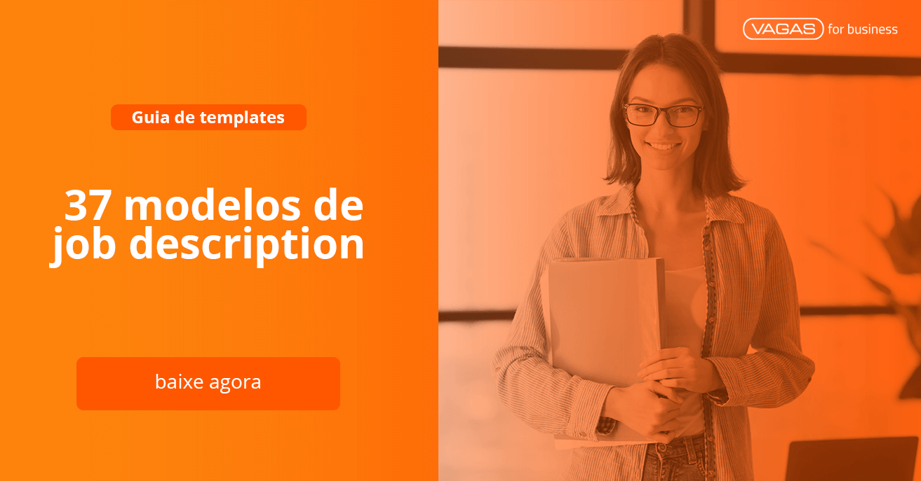 Mulher olhando para câmera e dizeres "37 modelos de job description. Baixe agora"