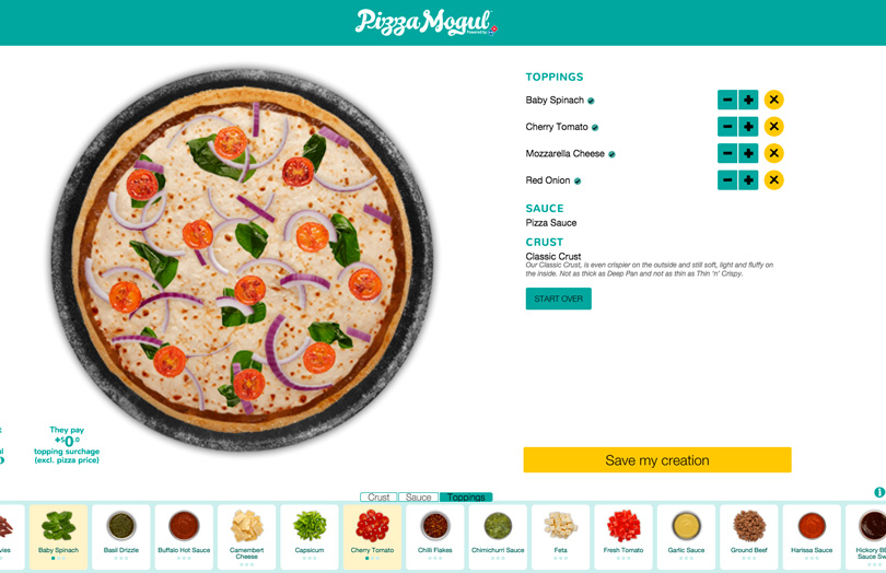 Print da tela do site Dominus Pizza Mogul, com uma pizza e opções de coberturas para ela.