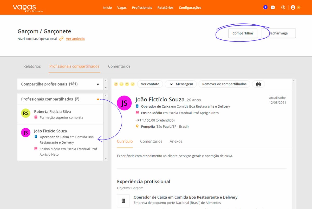 Compartilhar o painel da vaga com o gestor 